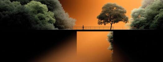 A man standing on a bridge over a river photo