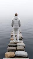 A man standing on a stone bridge over water photo