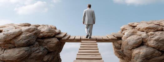 A man in a suit walks across a bridge over a rocky path photo