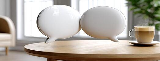 Two white speech bubbles sitting on a table next to a cup of coffee photo