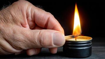 A hand holding a lit candle in front of a small candle photo