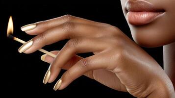 A woman with gold nails and a lit match photo