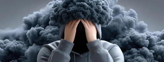 A person with a hoodie covering their face with clouds photo