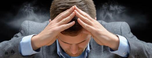 A man in a suit is holding his head in his hands photo