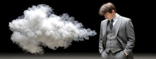 A man in a suit and tie is standing in front of a cloud photo