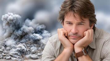A man is looking at the camera with his hands on his chin photo