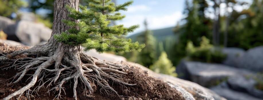 A tree with roots growing on a rock photo