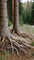 A close up of the roots of two trees photo