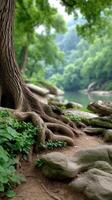 A tree with roots growing out of the ground photo