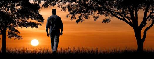 A man walking in the sunset with trees in the background photo