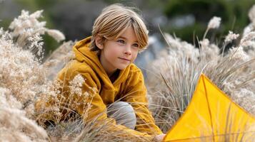 A young boy sitting in tall grass with a yellow kite photo