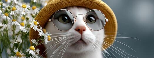 A cat wearing sunglasses and a hat with daisies photo