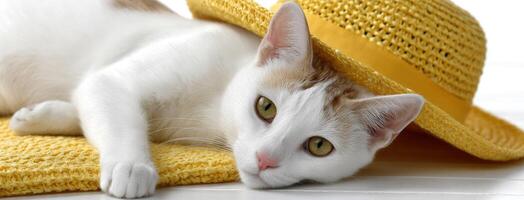 A white cat laying on a yellow rug with a yellow hat photo