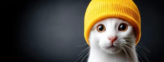 A white cat wearing a yellow hat photo