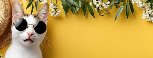 A cat wearing sunglasses and a hat on a yellow background photo