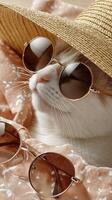A cat wearing sunglasses and a straw hat photo