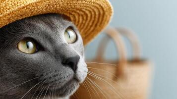 A gray cat wearing a straw hat photo