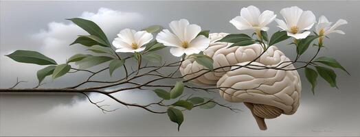 A painting of a brain with flowers photo