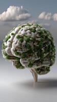 A brain shaped like a house with plants growing out of it photo