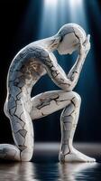 A man in a cracked body is kneeling down photo
