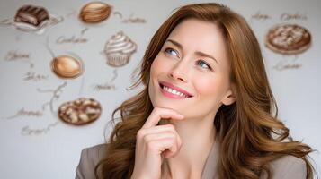 A woman is smiling and looking up at a drawing of chocolate photo