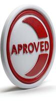 A red and white approved sign on a white background photo