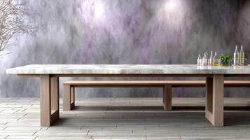 A table with two benches and a bottle of wine photo