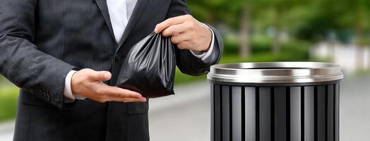 A man in a suit is holding a black trash can photo