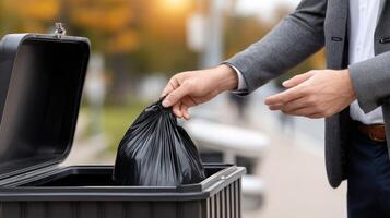 A man in a suit is putting a black garbage bag into a trash can photo