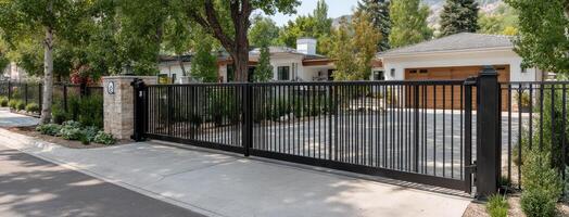 A driveway with a black wrought iron gate photo