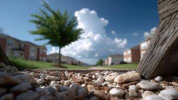 A view of a gravel path with a tree in the background photo