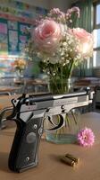 A gun and flowers on a table photo