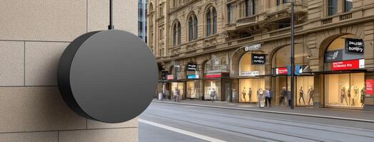 A black round sign on the side of a building photo