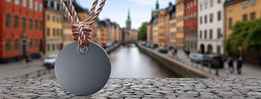 A black metal tag hanging from a rope photo