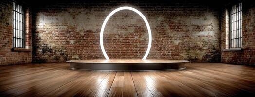 A circular light in a room with brick walls photo