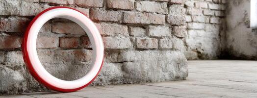 A red and white circular light is sitting on a brick wall photo