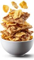 Corn flakes in bowl on white background photo