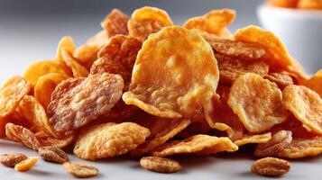 A pile of corn flakes is shown on a white surface photo