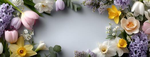 A circle of flowers is shown on a gray background photo