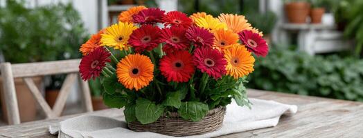 A basket of colorful gerbera daisies on a table photo