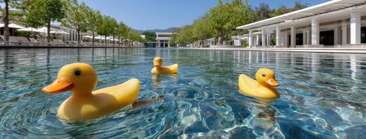 Three rubber ducks float in a pool at a resort photo