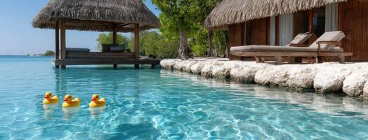 A resort with a thatched roof and a pool photo