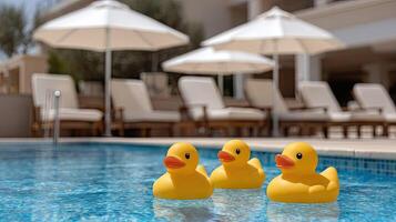 Three yellow rubber ducks in a pool photo