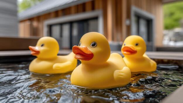 Tres caucho patos en un piscina foto