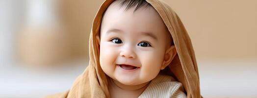 A baby smiling while wearing a brown blanket photo