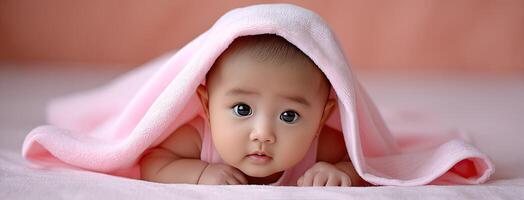 A baby is laying on a pink blanket photo