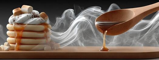 A wooden spoon is pouring syrup over a stack of pancakes photo