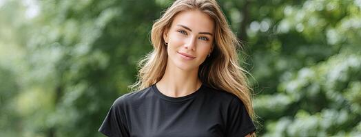 A woman in a black t - shirt smiling photo