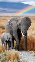 A mother elephant and her baby elephant walking in the grass photo