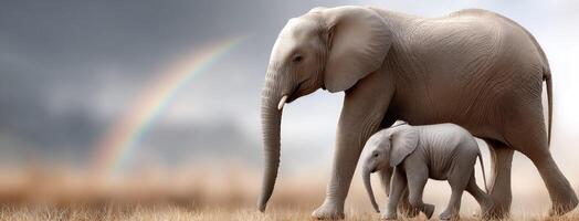 Elephant and baby elephant in the field with a rainbow photo